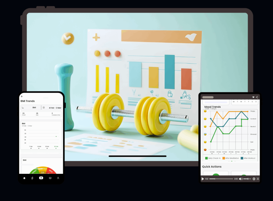 Member app on phone and tablet — fitness dashboards, retention, and engagement data