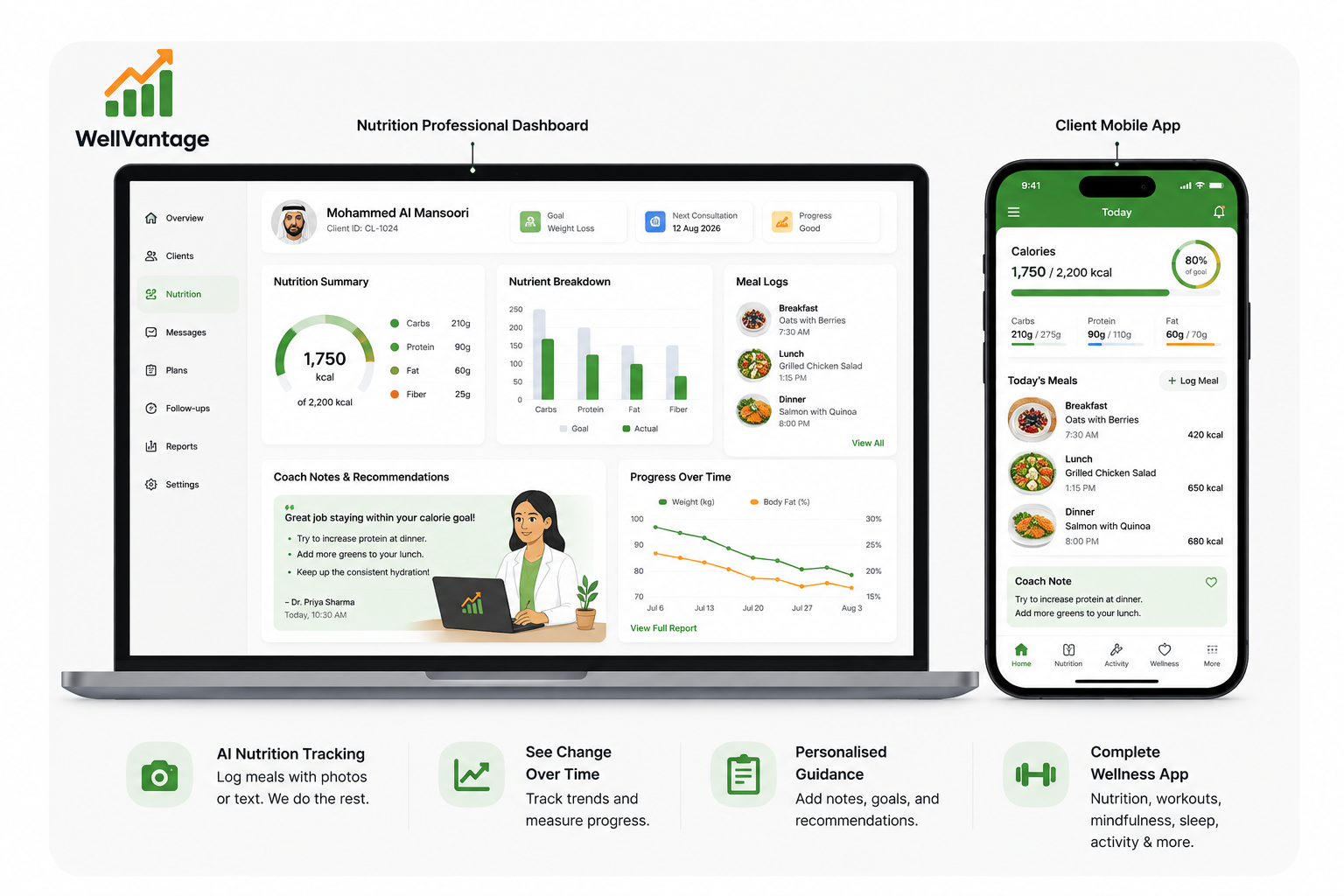 WellVantage — AI meal logging, macros and lifestyle tracking between consultations