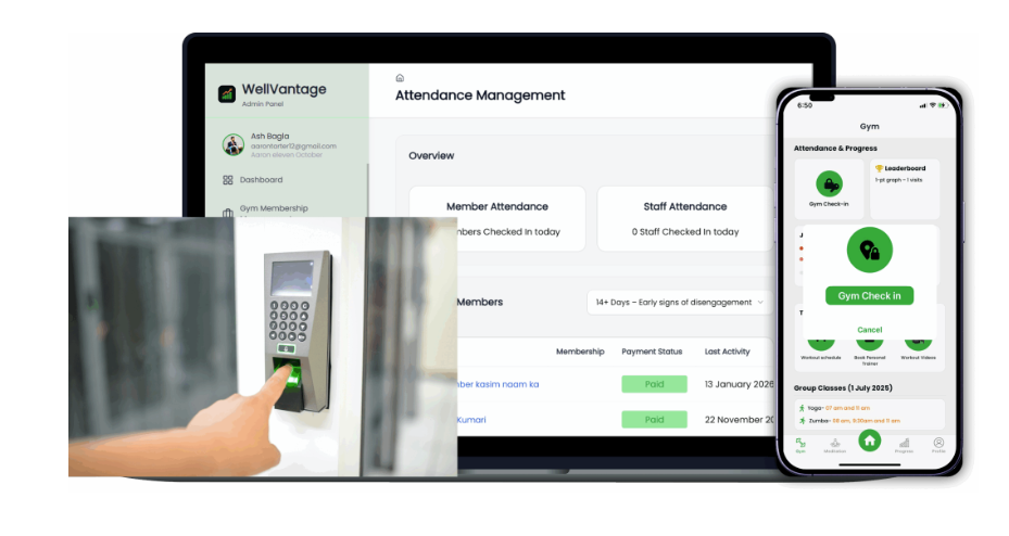 WellVantage gym management — dashboards and operations on laptop and mobile
