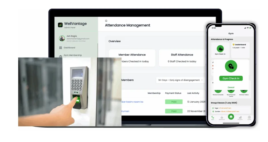 Biometric access control and attendance tracking in WellVantage