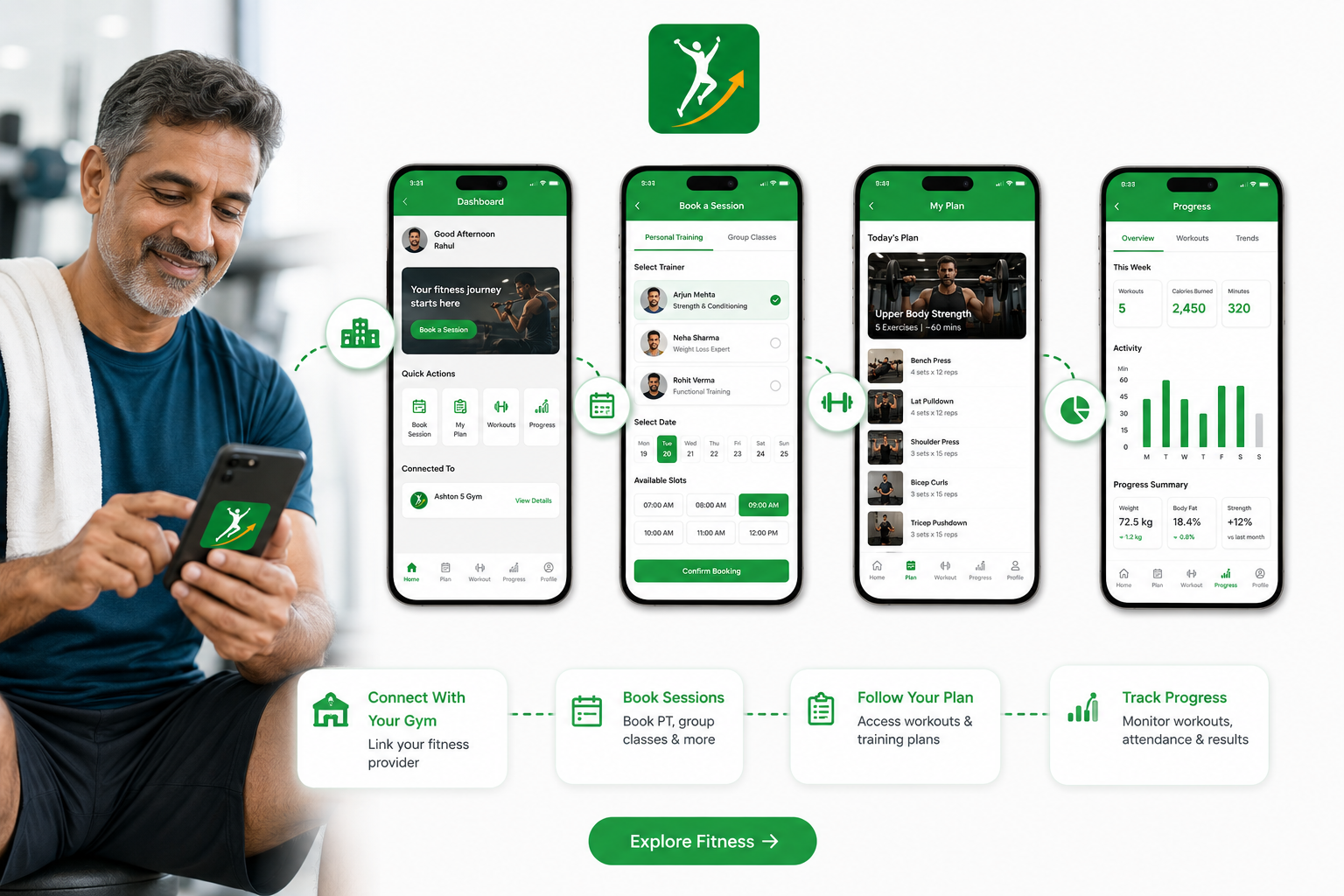 WellVantage app — gym connection, trainer booking, training plan and workout progress