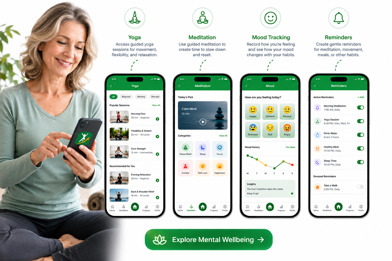 WellVantage app — yoga, meditation, mood tracking and reminders