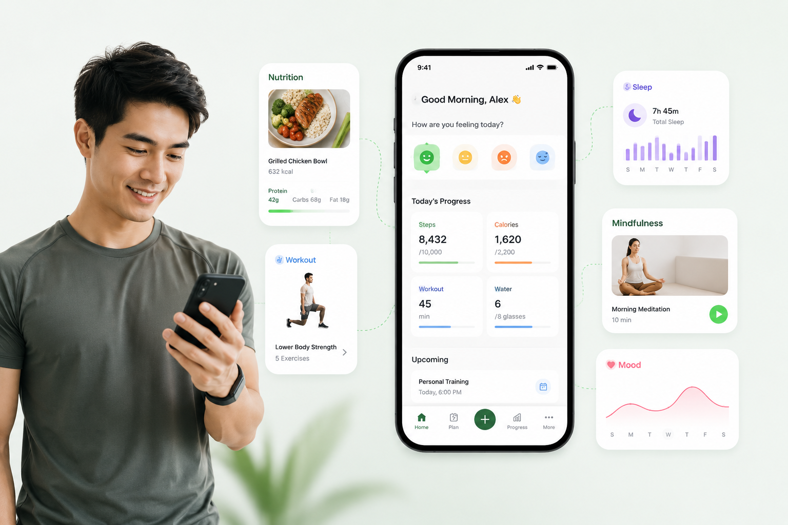 WellVantage member app showing nutrition workout yoga meditation mood and booking
