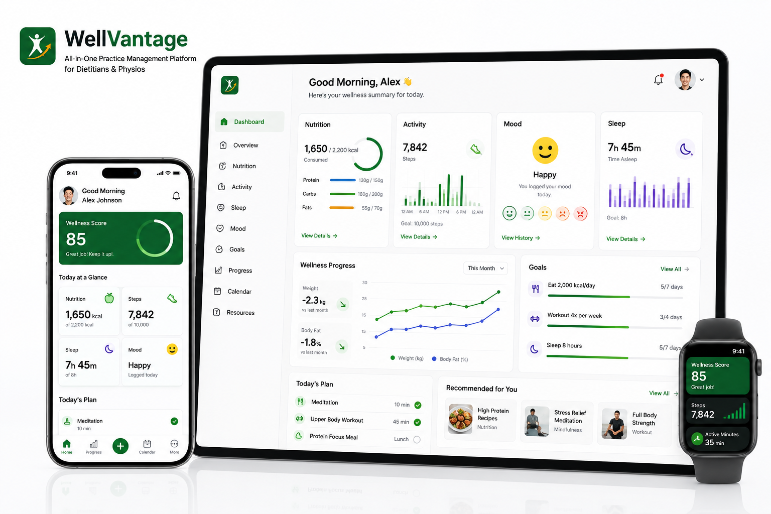 WellVantage wellness dashboard — nutrition, activity, mood, sleep and goals across devices