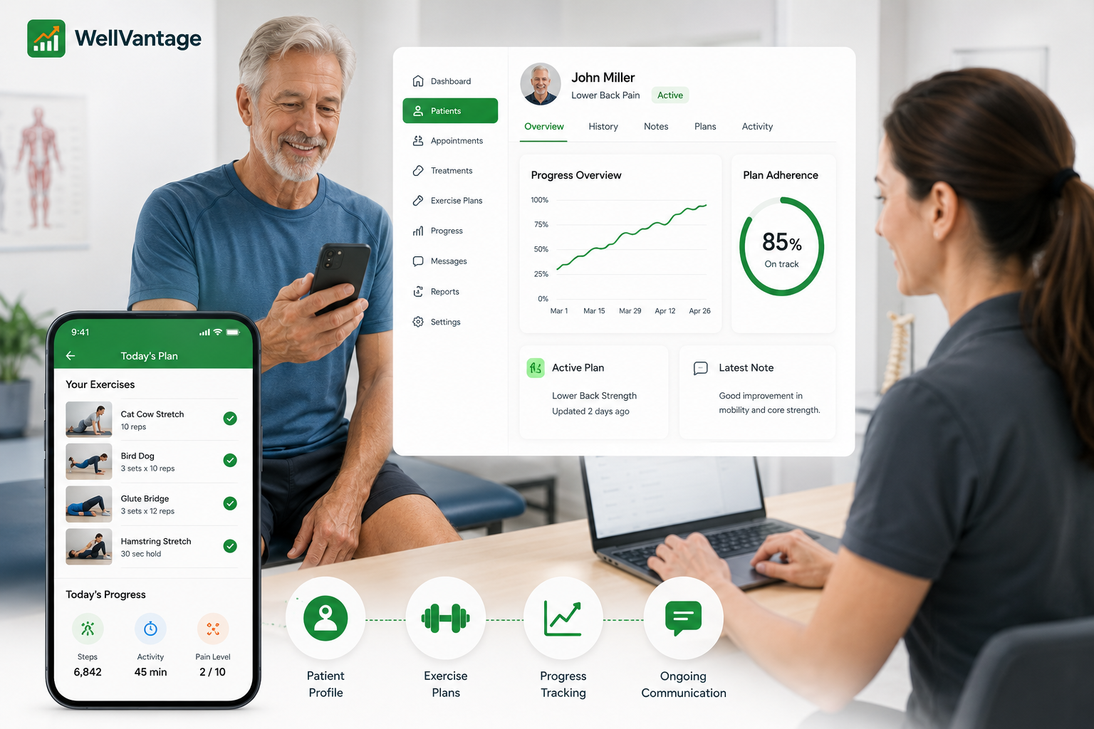 WellVantage — patient exercise plans, progress tracking and practitioner care dashboard