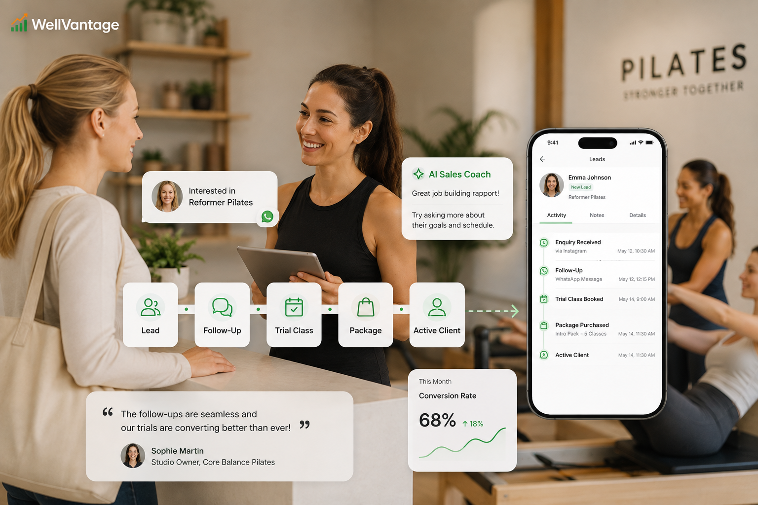 WellVantage — Pilates lead to trial to package conversion with AI Sales Coach