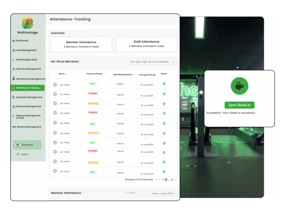 WellVantage attendance dashboard and seamless gym check-in experience