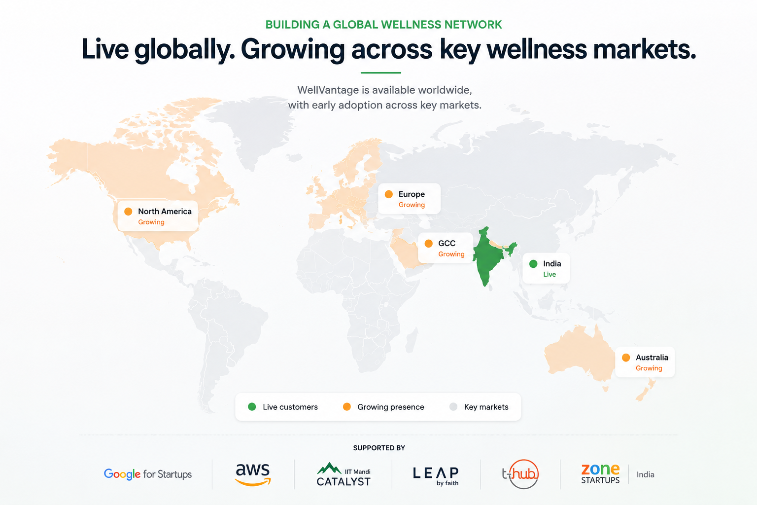 World map highlighting WellVantage markets including India USA UAE and Saudi Arabia